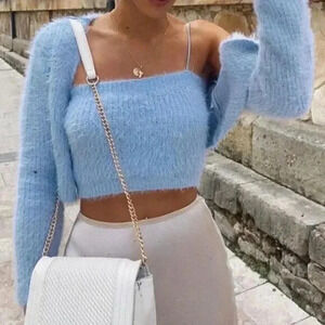 Zara Soft Fuzzy Cropped Cardigan Open front Long Sleeve  Blue Size Medium